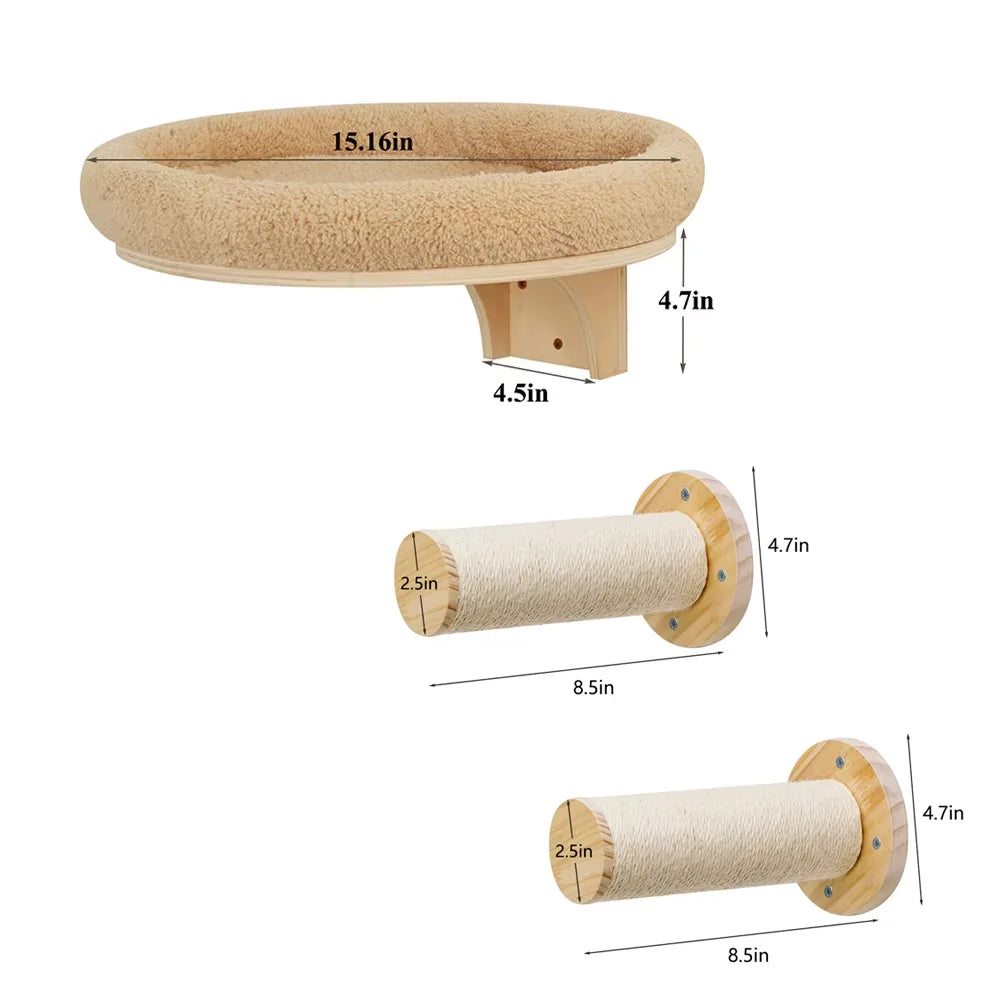 Wall-Mounted Wooden Cat Climbing Ladder with Hammock and Scratching Post