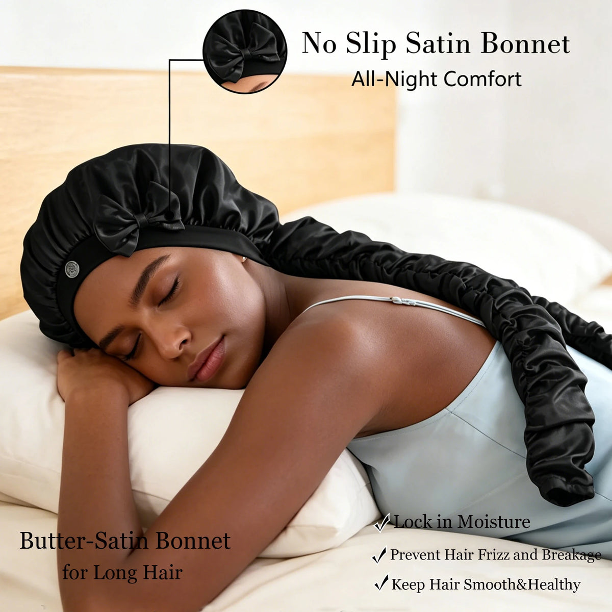 Heatless Curl Satin Sleep Bonnet with Curling Ribbons, No-Slip Bonnet for Long Hair