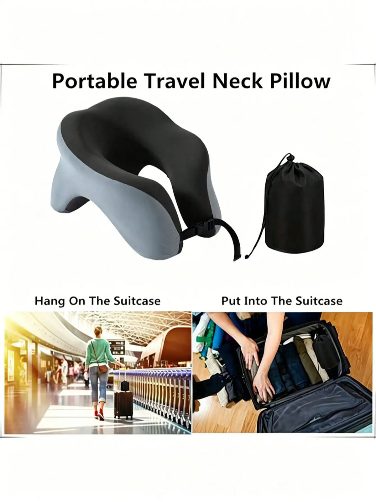 360° Head Support Memory Foam 2-In-1 Neck Pillow, With Storage Bag, Adjustable Buckle, Suitable For Travel, Home, Office And Gaming