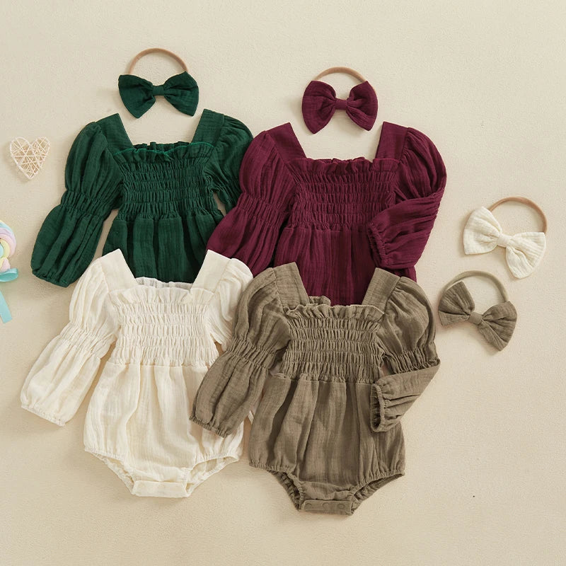 Baby Girls Spring Romper Long Sleeve Square Neck Solid Color Romper with Headband