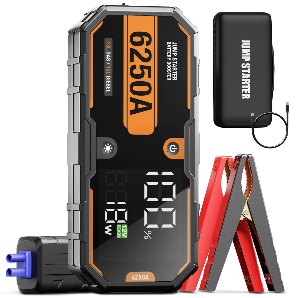6250A 12V Portable Car Jump Starter Auto Battery Booster Power Bank Emergency Jump Pack Starting Device for 10.0L Gas / 6.5L Diesel Engines