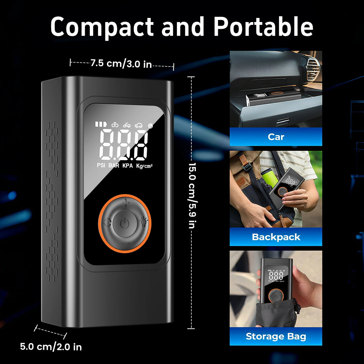 Portable Cordless Tire Inflator 150 PSI, Rechargeable Air Compressor with Digital Pressure Gauge, Fast Electric Air Pump for Car, Motorcycle, Bike and Emergency Roadside Inflation