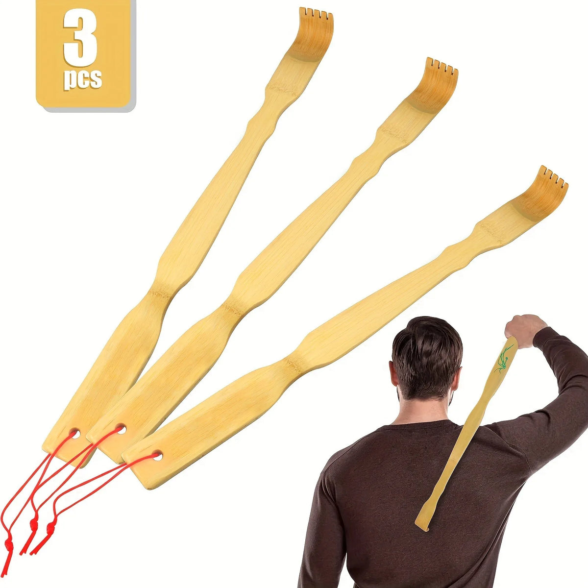 3-Pack Bamboo Back Scratcher Set - 18.3-Inch Long Handle, Natural Massage Tool, Unique Gift for Him and Her
