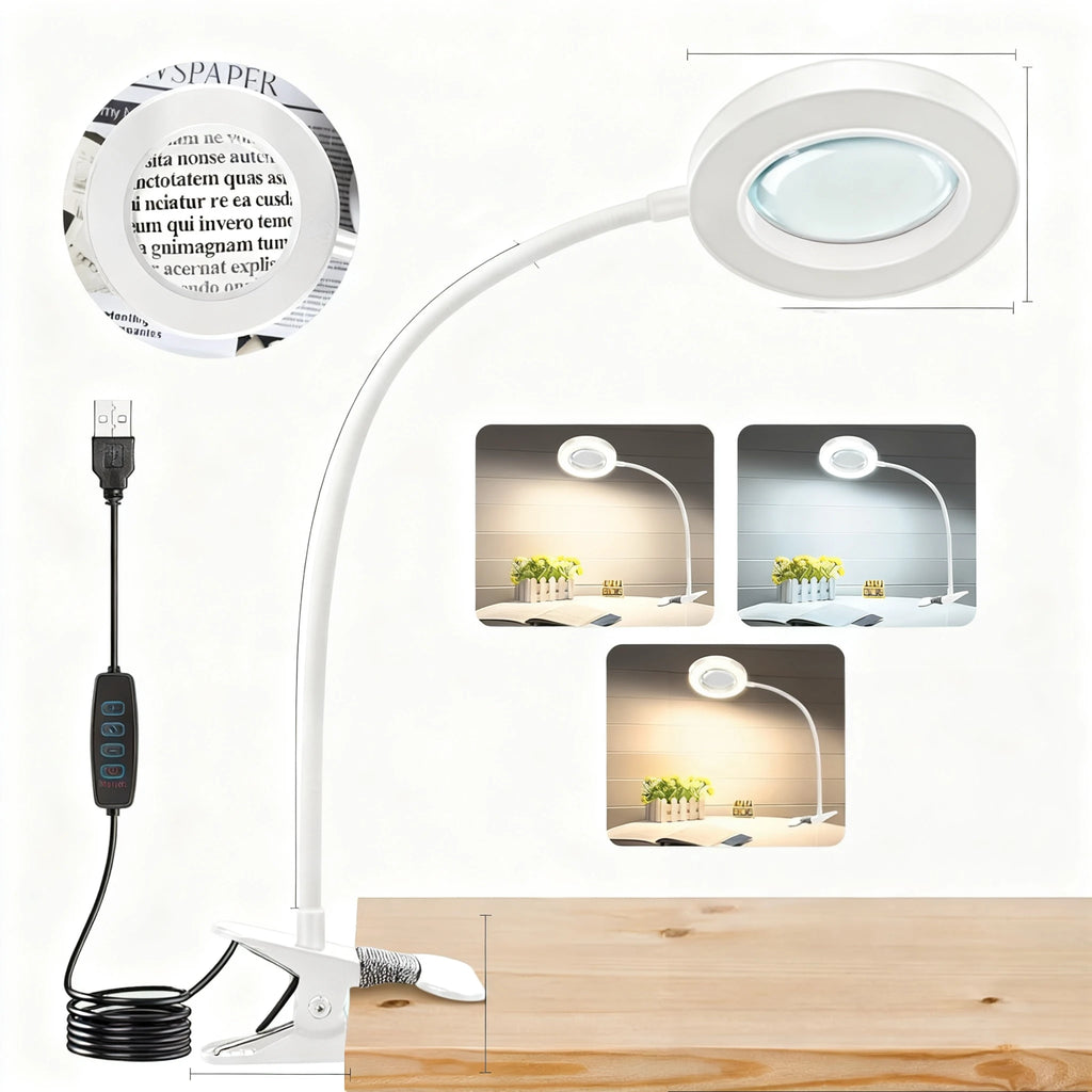 LED Clip-On Magnifying Desk Lamp 5X, USB Dimmable Gooseneck Magnifier Light with 3 Colors