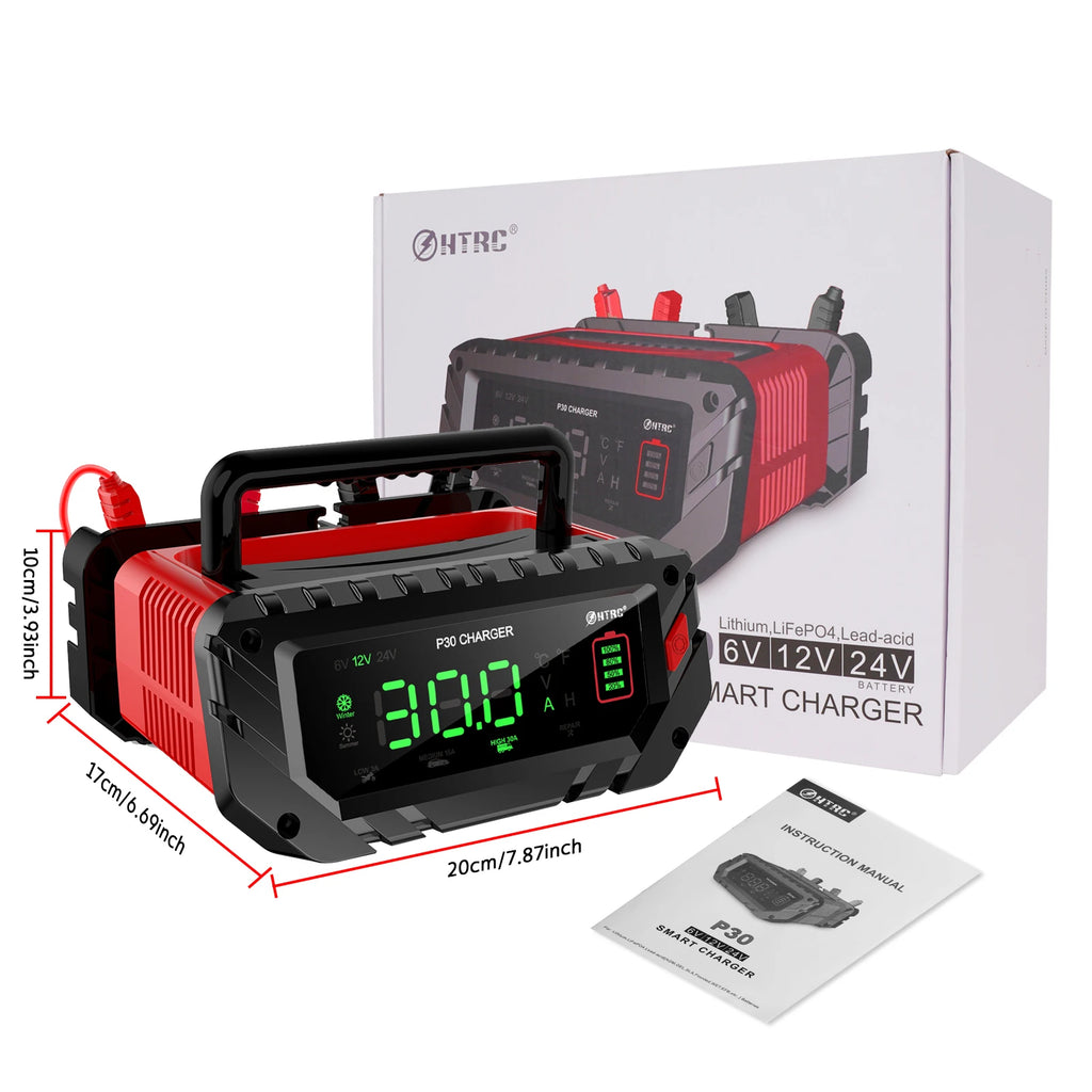 HTRC 30A/26A 6V/12V/24V Car Battery Charger for Motorcycle Lead-Acid SLA Gel Lithium LiFePo4 Portable Smart Battery Charger