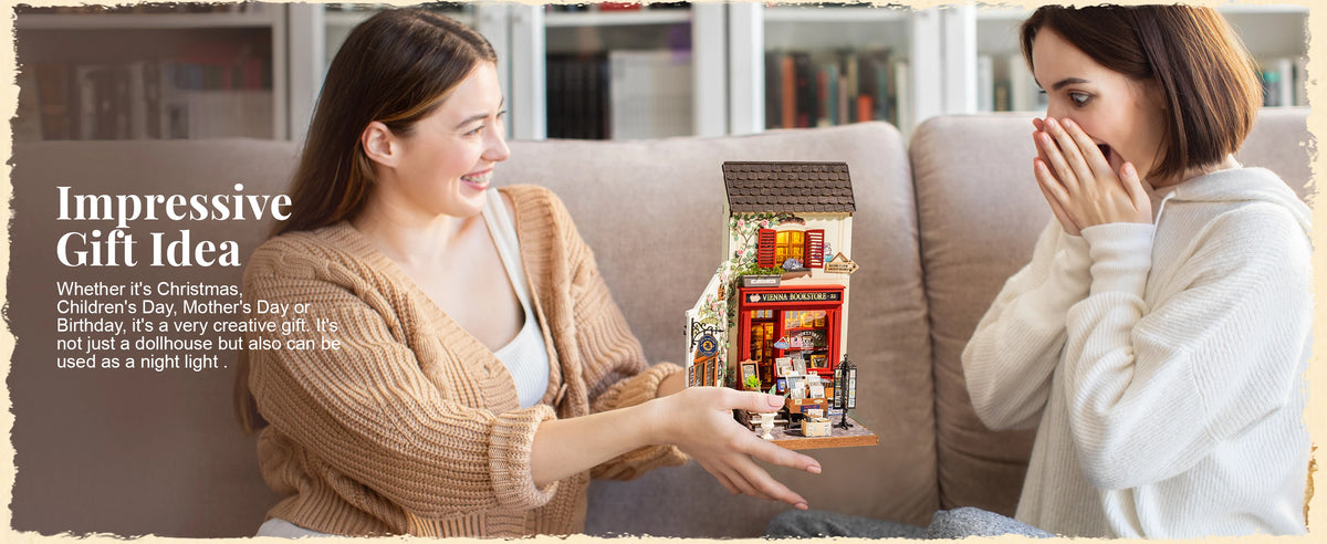 Rolife Wooden 3D Puzzle DIY Miniature House Kit Vienna Bookstore & Aromatic Coffee Cart Model Building Kit with LED Light for Home Decor Gift for Adults Teens