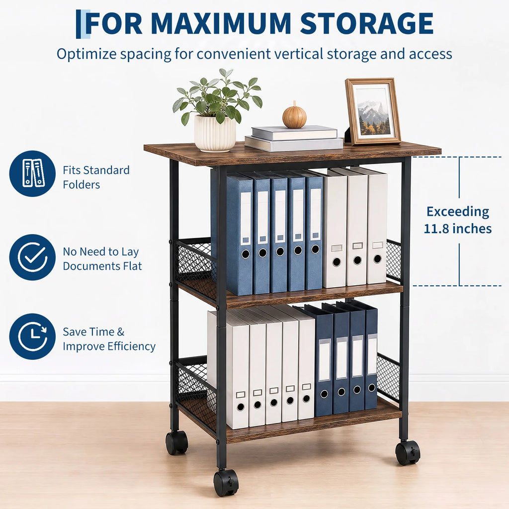 3-Tier Printer Stand with Storage Shelves, Mobile Heavy Duty Rolling Rack on Wheels for Large Printers, Black Industrial MDF and Iron, Home Office