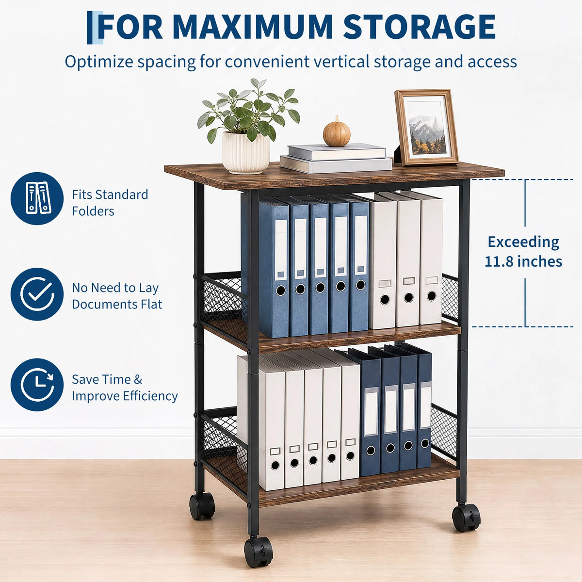 3-Tier Printer Stand with Storage Shelves, Mobile Heavy Duty Rolling Rack on Wheels for Large Printers, Black Industrial MDF and Iron, Home Office