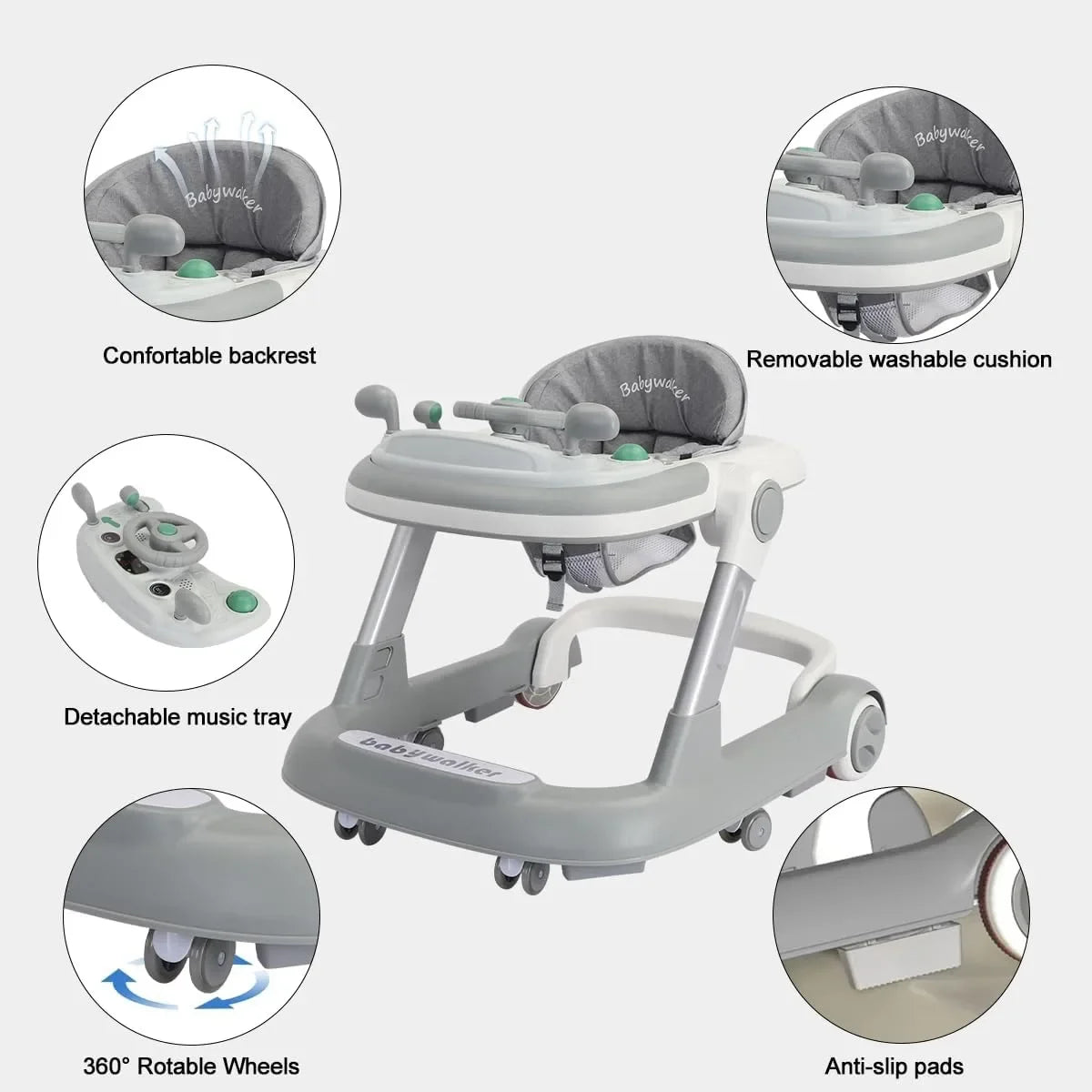 2 in 1 Baby Push Walker and Activity Walker with Removable Feeding Tray and Music Tray, Batteries Not Included
