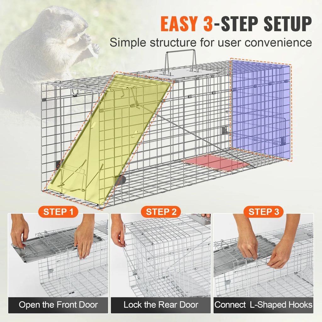 SucceBuy 24/31/42/50in Animal Cage Trap Folding Humane Cat Trap Galvanized Iron with Handle for Rabbits Squirrels Groundhogs
