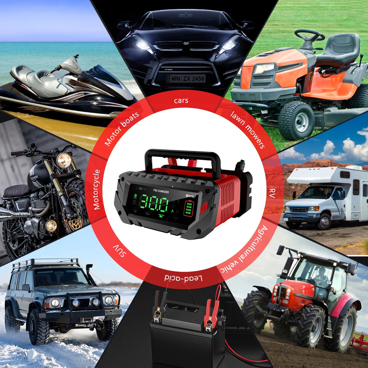 HTRC 30A/26A 6V/12V/24V Car Battery Charger for Motorcycle Lead-Acid SLA Gel Lithium LiFePo4 Portable Smart Battery Charger