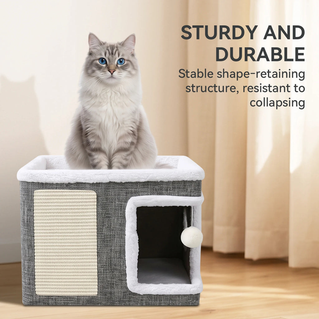 Multi-Layer Cat Bed With Double-Layer Bed, Toy Tunnel And Foldable Cat Scratching Post - Comfortable Indoor Cat Cube Bed, Equipped With Plush Hanging Balls, A Pet Christmas Gift, A Must-Have For Home.