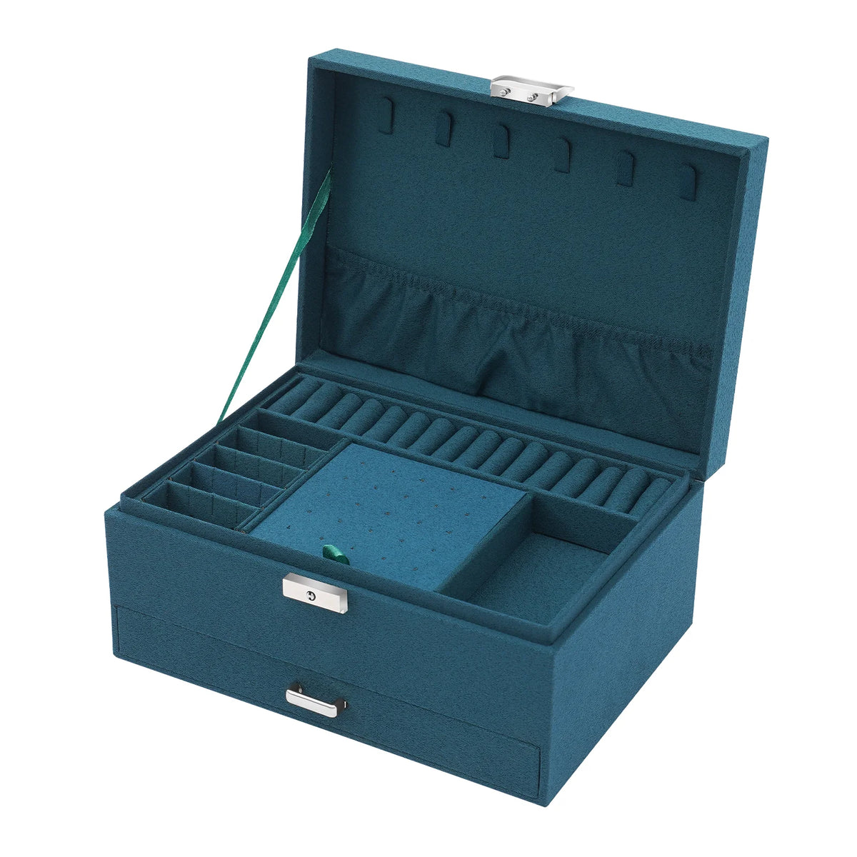 3-Tier Dark Green Jewelry Box Organizer with 15 Ring Slots 10 Earring Hooks 18 Stud Holes Drawers for Necklace Bracelet Watch