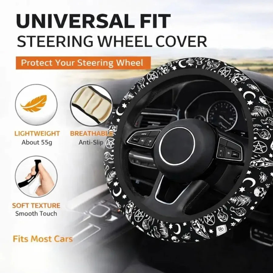 Halloween Skull and Moon Car Steering Wheel Cover, 15"