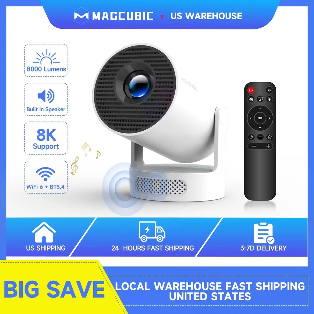 HY300 Pro + Projector 8K 720P With 5W Speaker Android 14 8000 Lumens WiFi 6 BT5.4 Outdoor Video Home Theater Projector