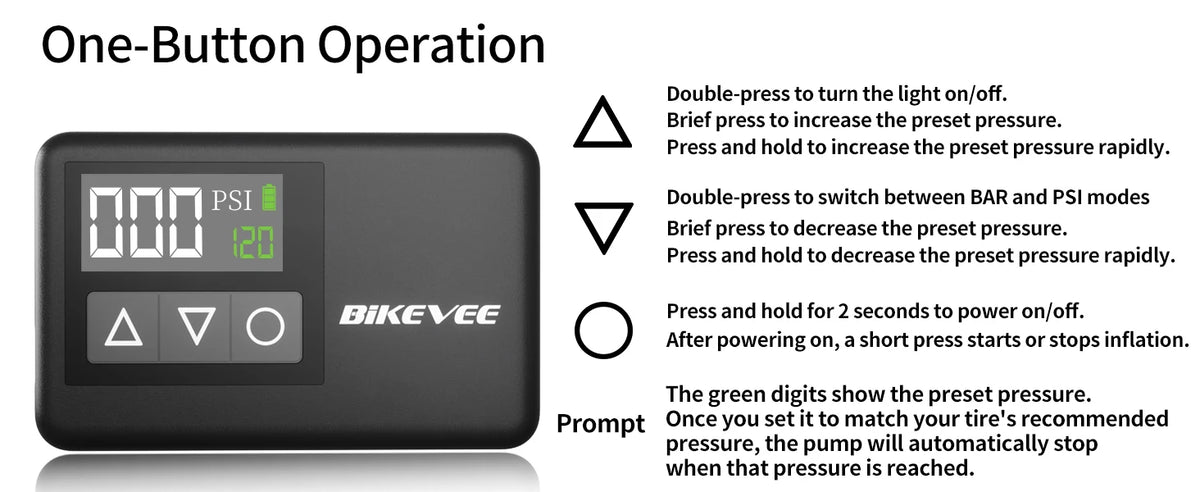 Bikevee Universal Rechargeable Portable Electric Mini Bike Air Pump Wireless with Smart LCD Digital Gauge Tire Inflator Auto Shut-Off Car Motorcycle Road MTB Bike Dedicated Electric Air Pump