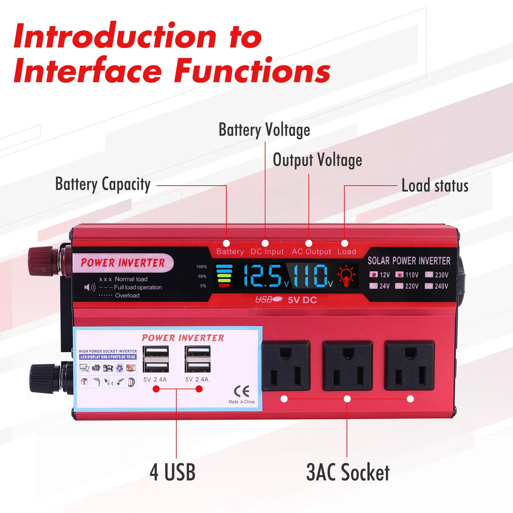 5000W Car Converter Power Inverter DC 12V To AC 110V Converter LCD 4 USB Ports and 110V AC Outlet Cigarette Lighter Battery