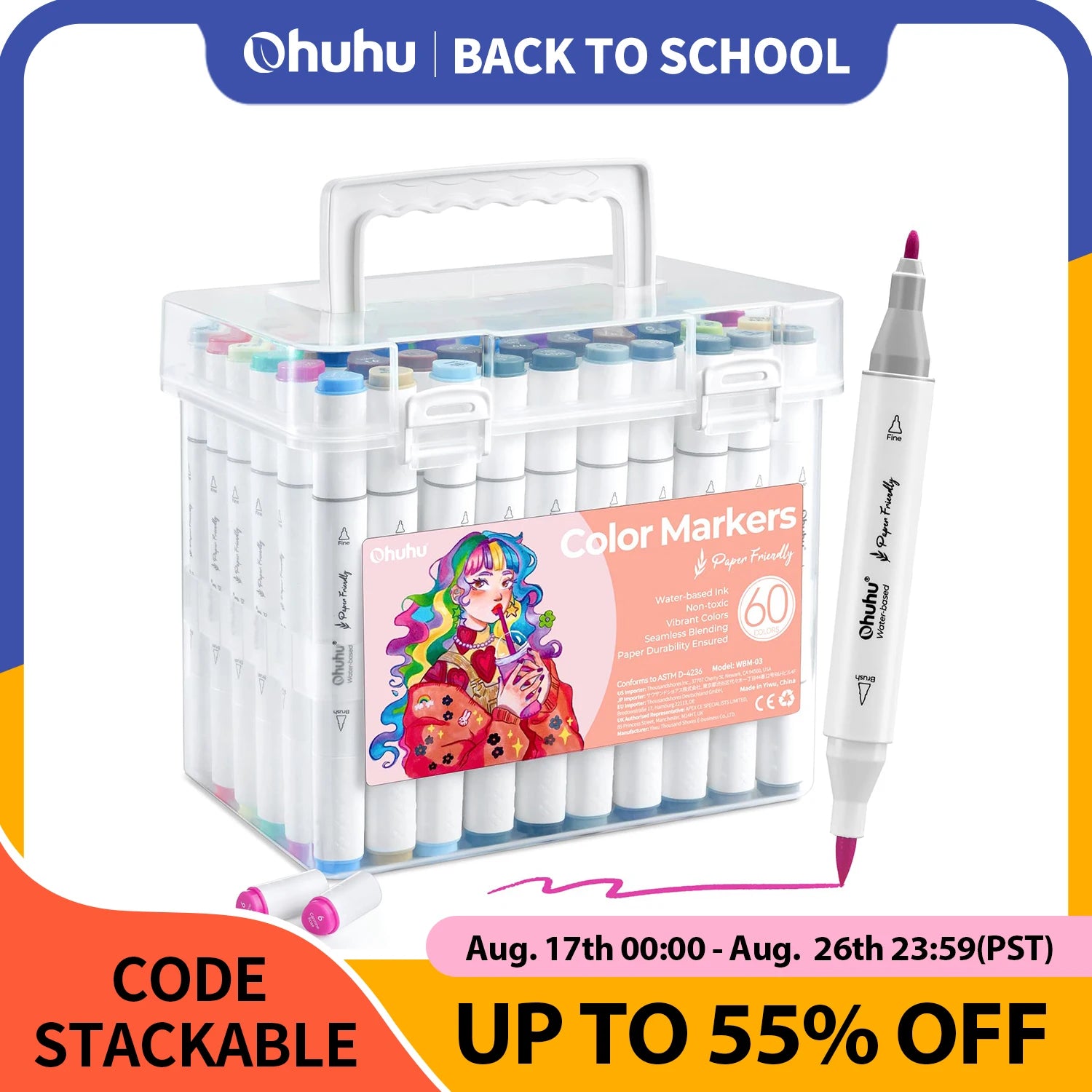 Ohuhu Markers Paper-friendly Water-based Coloring Markers 60 Colors Dual Brush Fineliner Tips Markers Coloring Books Art Markers