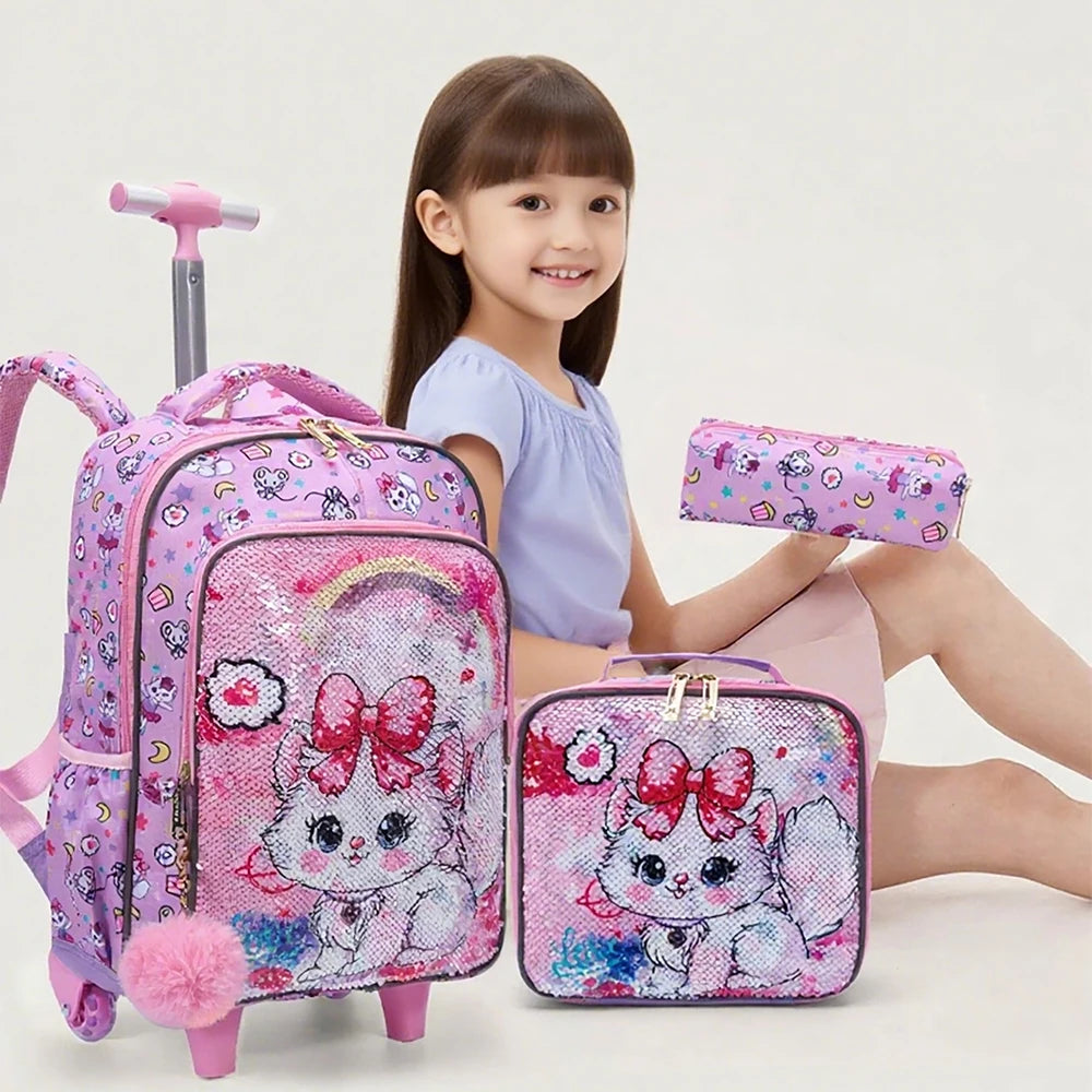 3 Piece Kids Travel Set, Pink Cat Sequin Rolling Bookbag with Wheels, Lunch Box and Pen Bag, Reflective Detail