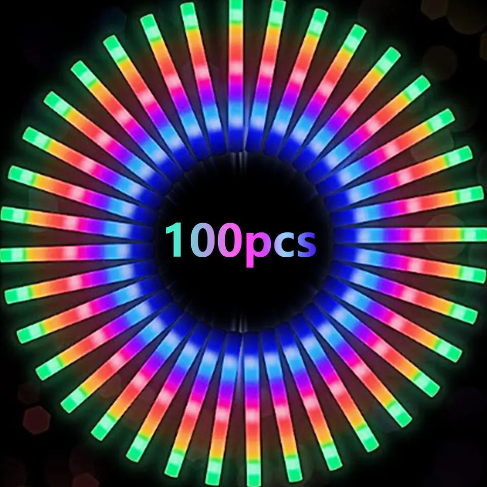 100Pcs LED Glow Sticks Bulk Colorful RGB Glow Foam Stick Cheer Tube Dark Light for Xmas Birthday Wedding Party Supplies