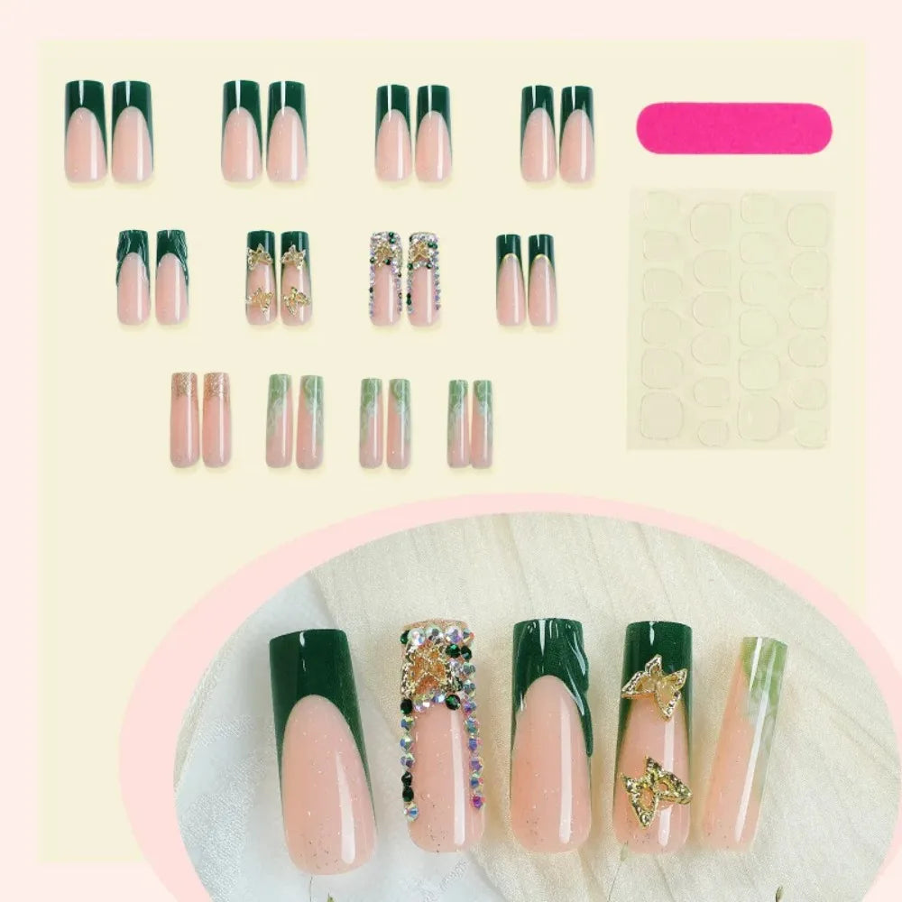 24Pcs Green French Golden Butterfly Square Press On Nails,Reusable Removable,For Daily Wear,High Quality Nail Art
