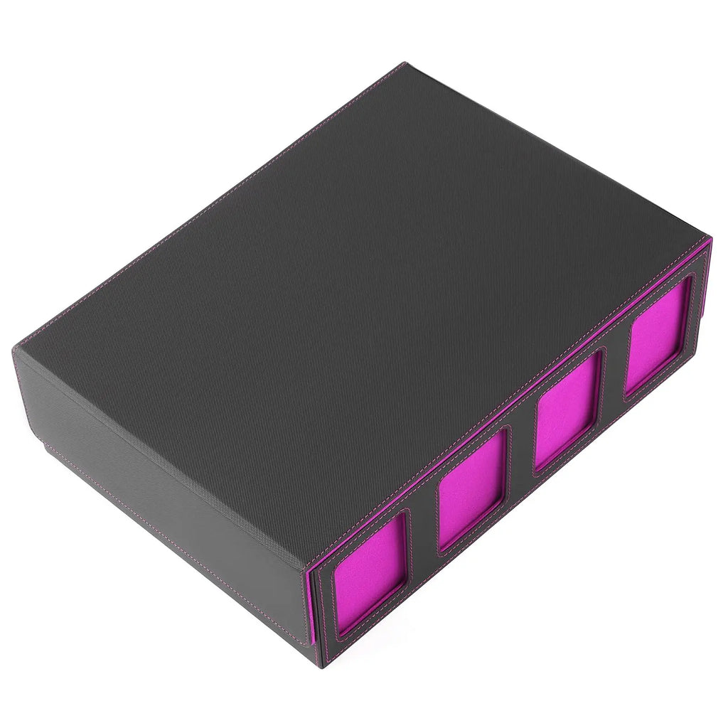 Trading Card Storage Box with Commander Display 4 Row Deck Case-Removable Lid,2400+ Card Deck Box for MTG TCG Sports Card with 4 Toploaders,4 Stoppers, 24 Dividers, 6 Dice,1 Dice Bag