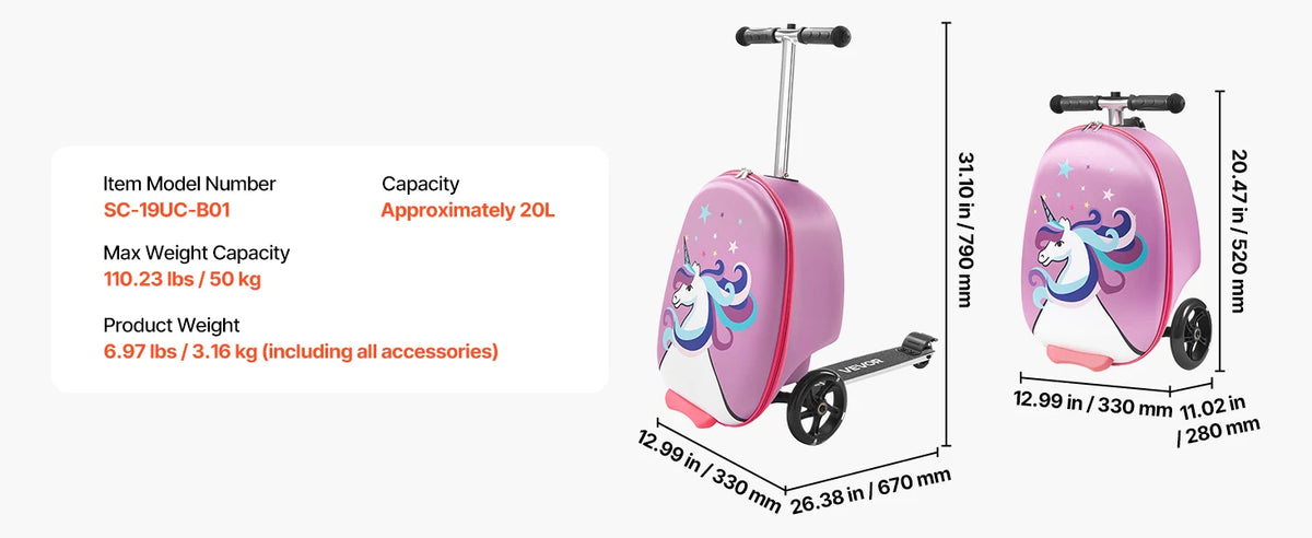 20L 20 Inch Purple Kids Ride-on Luggage Scooter Suitcase Flash PU Wheels Adjustable Handle TPR Grip Foldable for 5+ Kids Travel