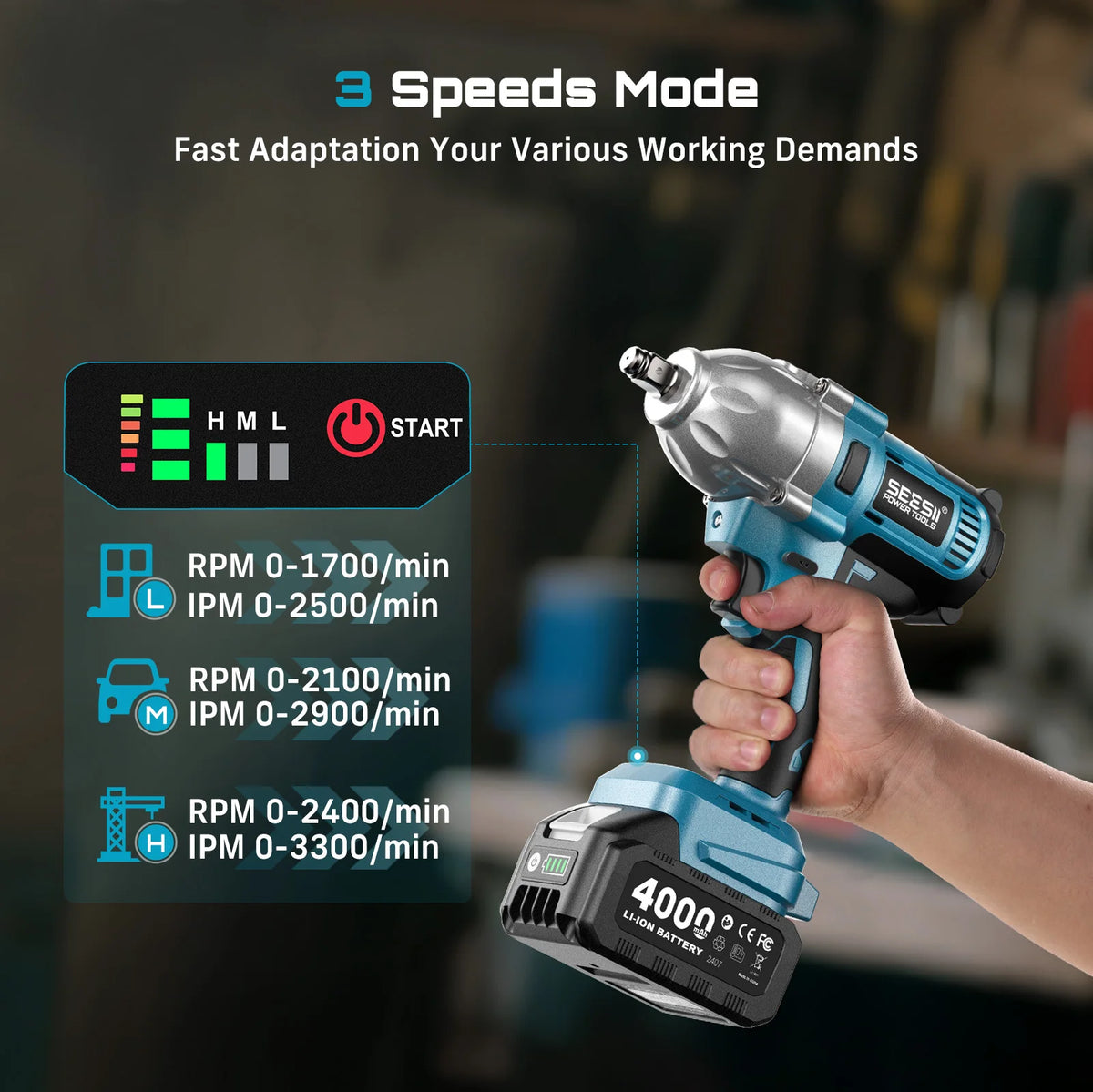 SEESII WH710 Pro 1200N.m Electric Impact Wrench Brushless 1/2" High Torque Handheld Cordless Impact Gun Tool Kit LED Light 6 Socket