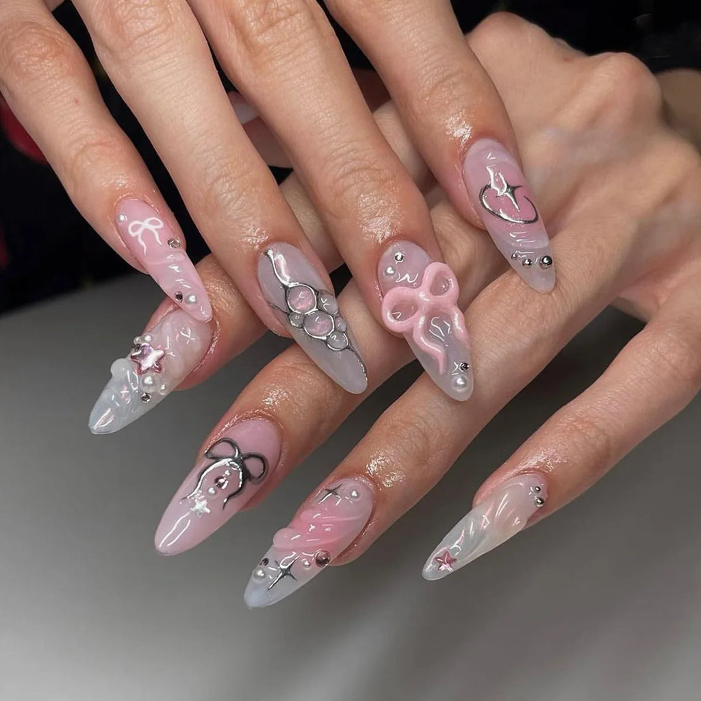 24Pcs Almond Press On Nails, Full Coverage False Nails (Random Style)