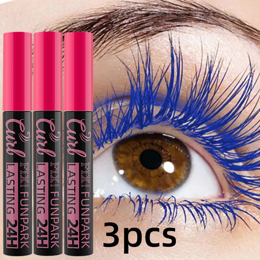 3pcs Colorful 3D Eye Blue Green Purple Mascara Waterproof Lengthens Eyelashes Extension Silk Fiber Mascare Long Lasting Eye Makeup for Women Cosmetic