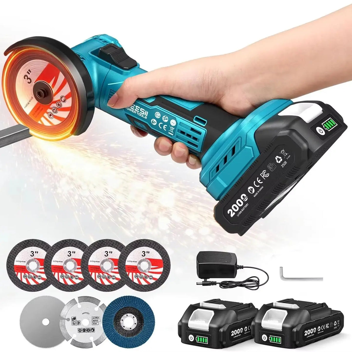 SEESII 3 Inch Brushless Angle Grinder 19000 RPM with 2pcs 21V 2.0Ah Batteries Cordless Mini Angle Grinder 7pcs Cutting Discs 210W Power Electric Grinder Tool for Metal Wood Polishing Rust Removal Repair Tool