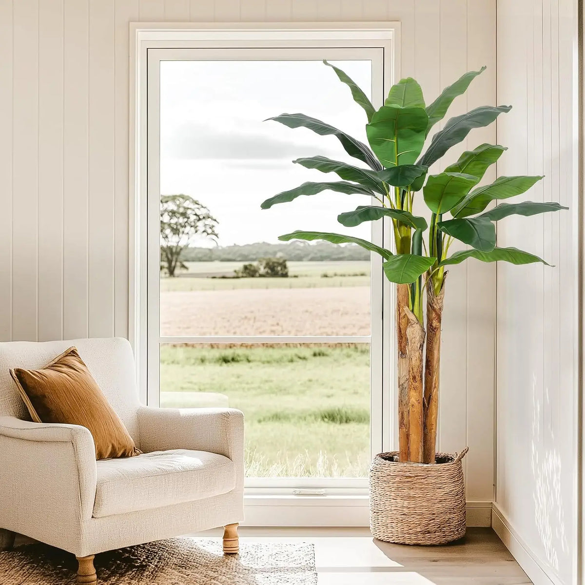 5FT/6FT Artificial Banana Tree,Tall Faux Tropical Plant in Grey Planter, Lifelike Fake Banana Tree for Home Office Living Room Entryway Patio