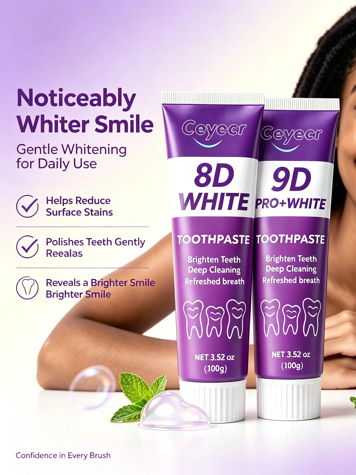 PRO+WHITE Whitening Toothpaste 8D 9D Deep Cleaning Breath Freshener Oral Care 2 X 100g