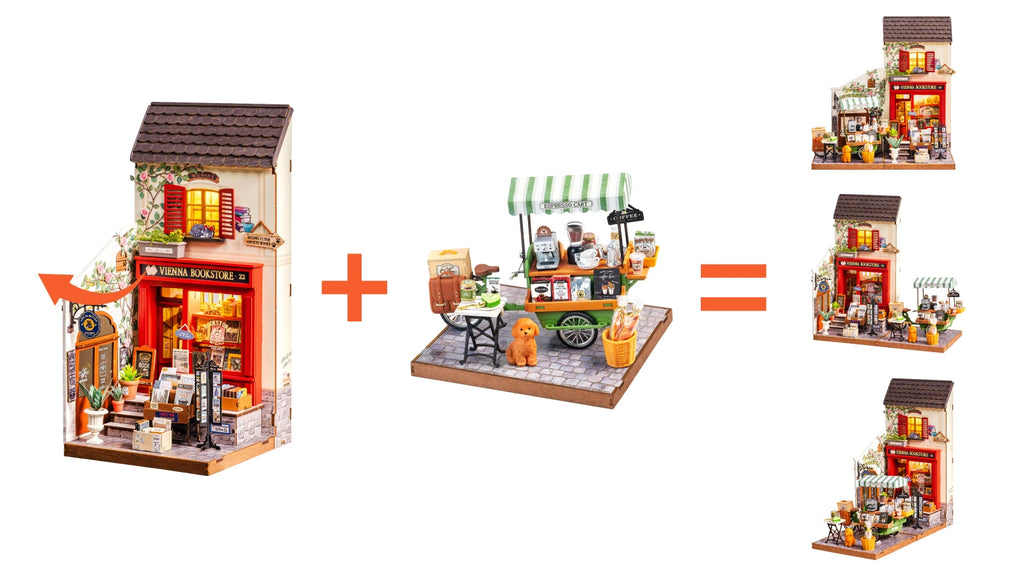 Rolife Wooden 3D Puzzle DIY Miniature House Kit Vienna Bookstore & Aromatic Coffee Cart Model Building Kit with LED Light for Home Decor Gift for Adults Teens