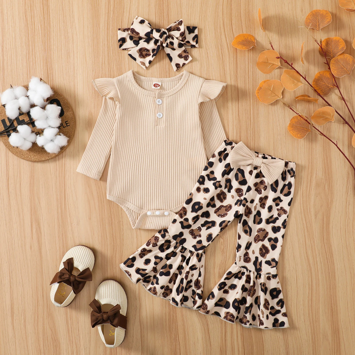 Infant Baby Girl Ribbed Fly Sleeve Romper with Leopard Flare Pants Outfit