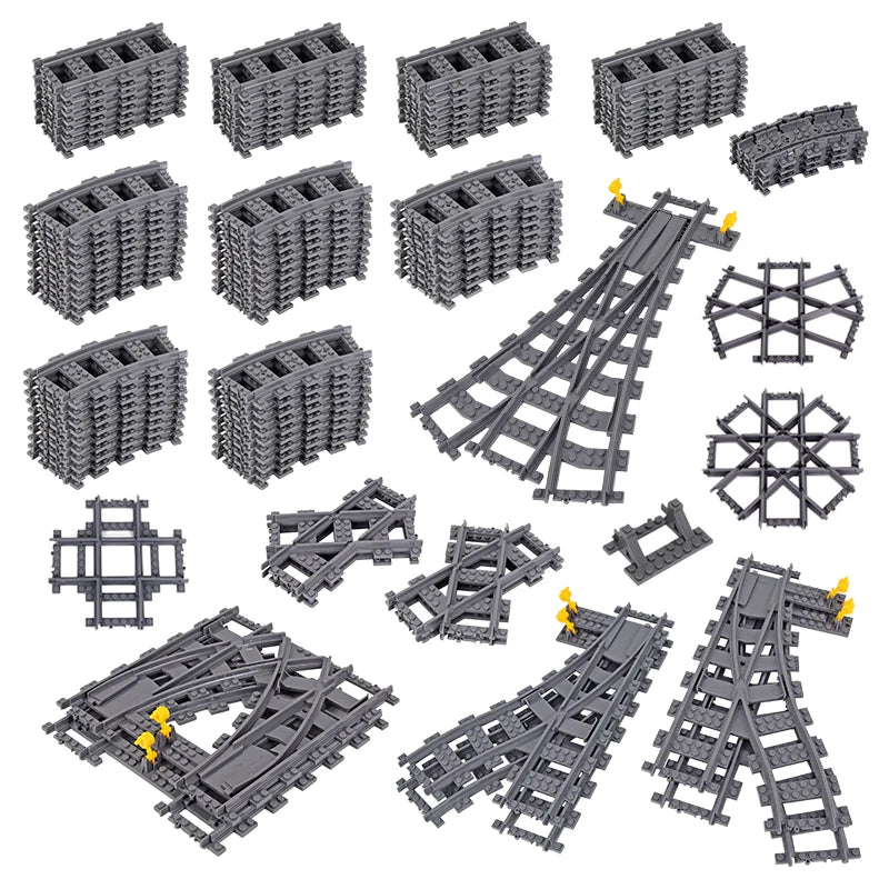 MOC 110pcs 25 Styles City Train Tracks Set Single Slip Switch Crossings Rails Bricks Building Blocks Technical Toys for kids