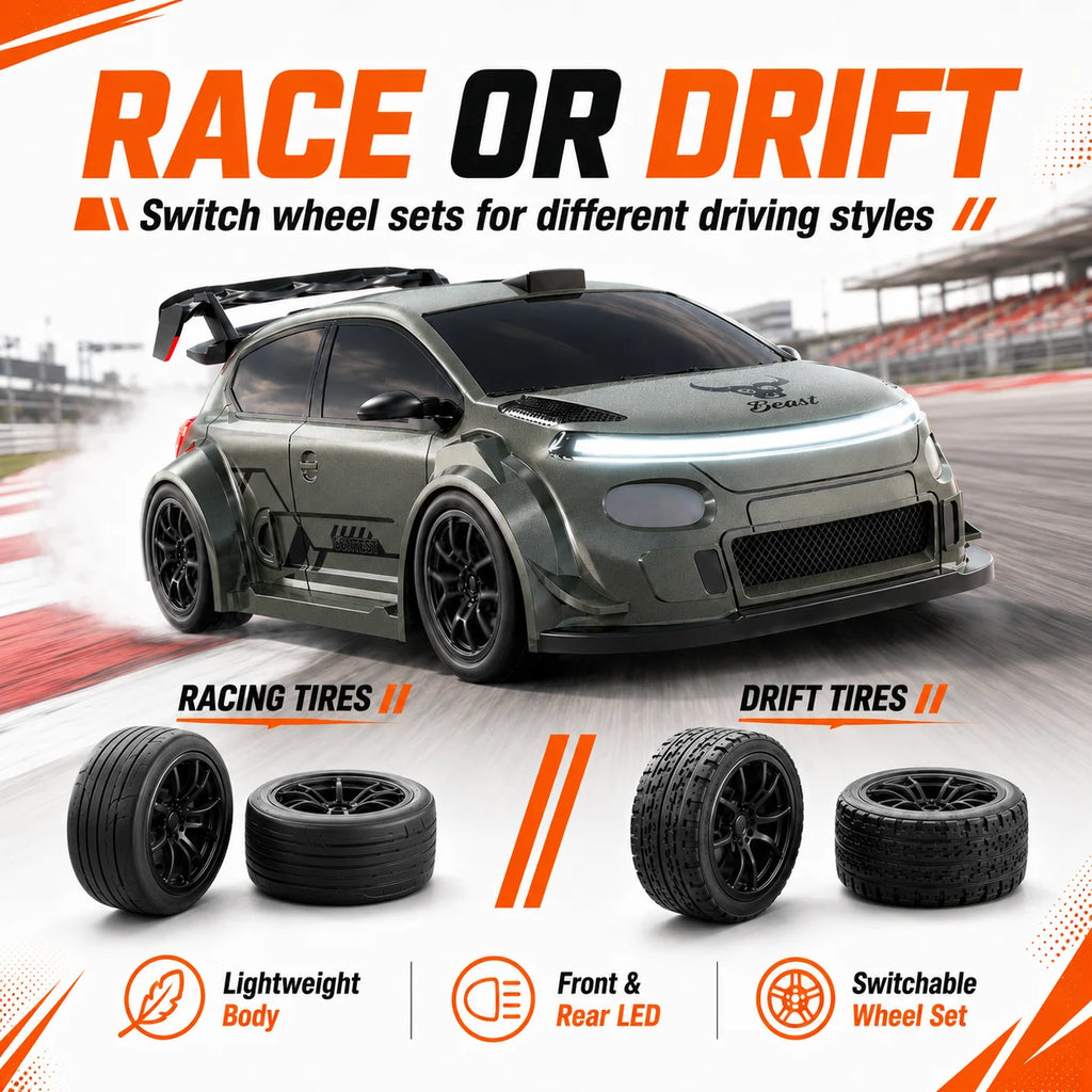 ZNLYRION SG718 1: 24 Scale 4WD RC Drift Car With Replaceable Racing Drift Tires LED Headlights Taillight Sport Rear Wing Remote Control Racing Vehicle Toy