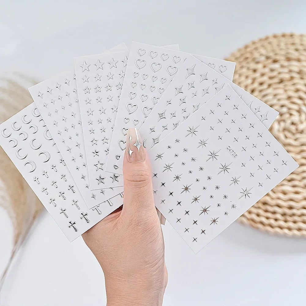 3D Silver Star & Heart Nail Stickers, 6 Sheets