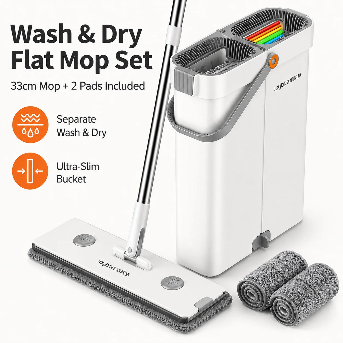 Ultra-Slim Flat Mop and Bucket System, Hands-Free Wash & Dry Floor Mop Set with 2 Microfiber Pads