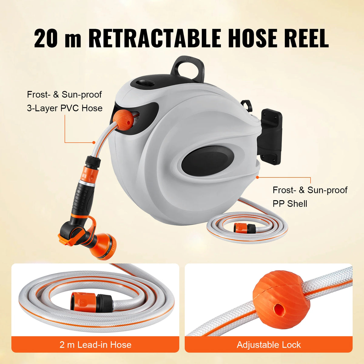 Retractable Hose Reel1/2 inch 180° Swivel Bracket Wall-Mounted Garden Water Hose Reel with 9-Pattern Nozzle and 3 Fast