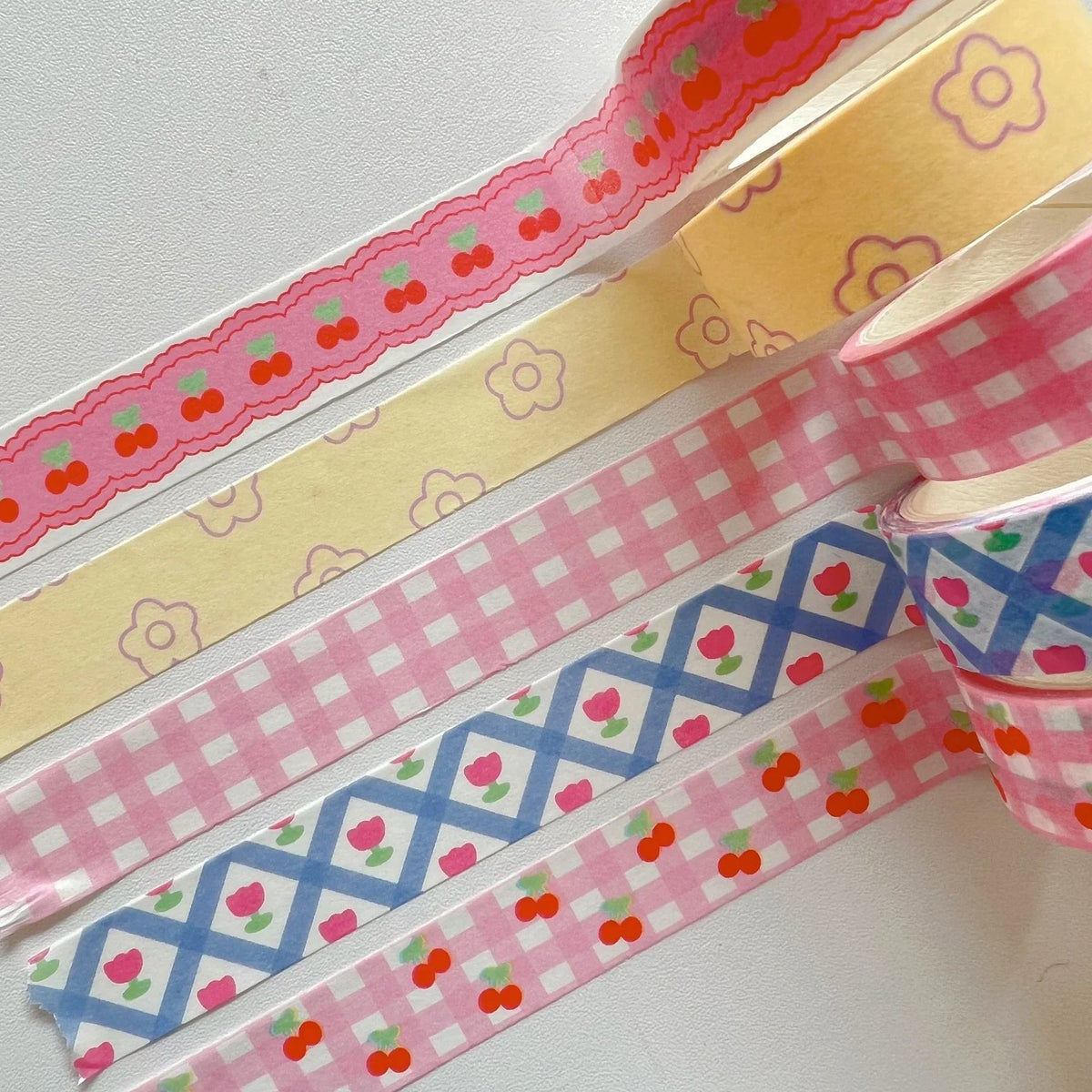Decorative Washi Tape, Pink Cherry Grid Floral Masking Tape, Cute DIY Scrapbooking Journal Tape, Kawaii Planner Stationery Gift for Girls Women