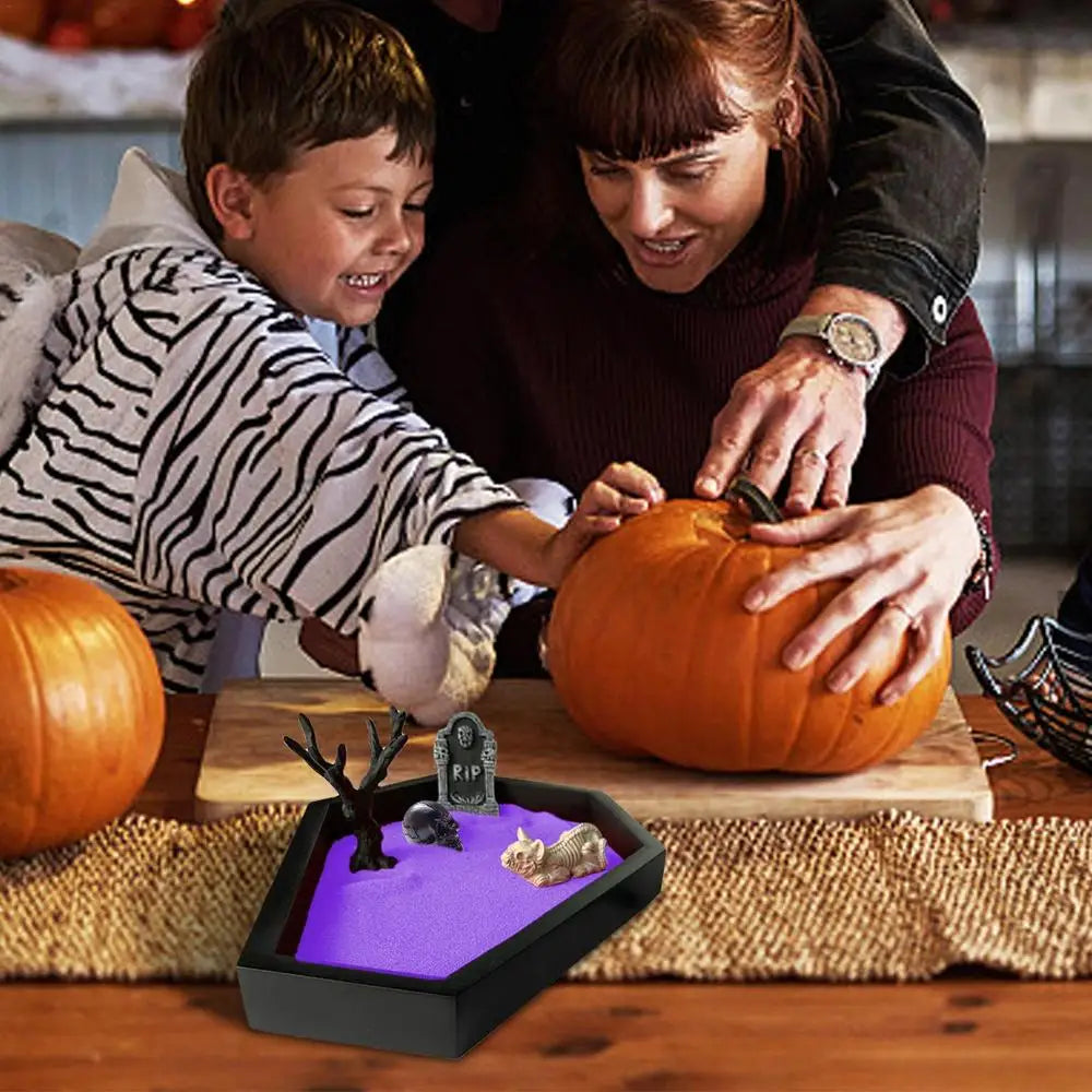 Halloween Coffin Sand Tabletop Decor, Gothic Mini Sand Tray Kit with Skull