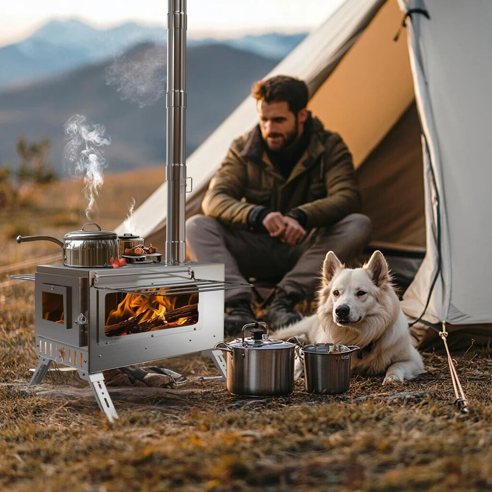 Hot Tent Stove,  Wood Burning Stove, Portable Wood Stove with 6 Stainless Chimney Pipes for Outdoor Heating & Cooking,  Fishing