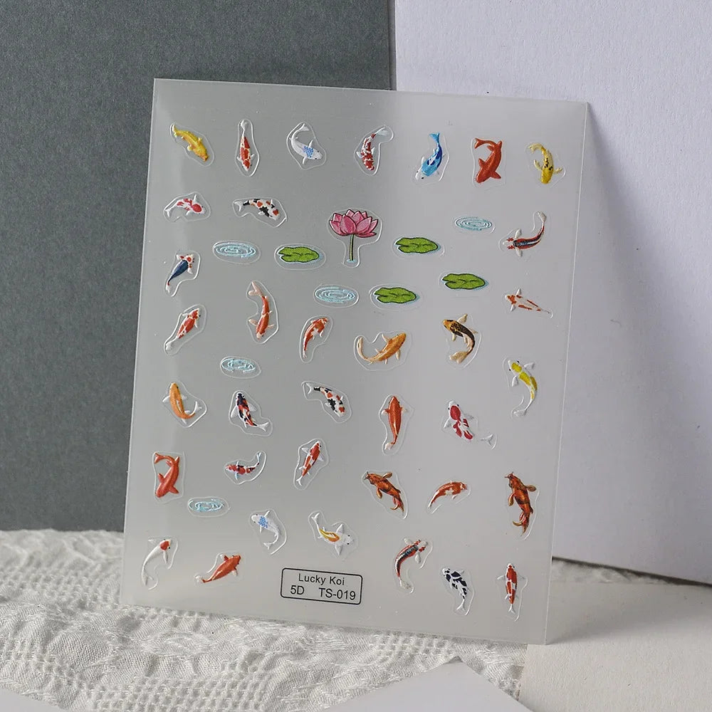 5D Koi Fish Nail Stickers, Green Lotus and Red Carp Nail Art Decals