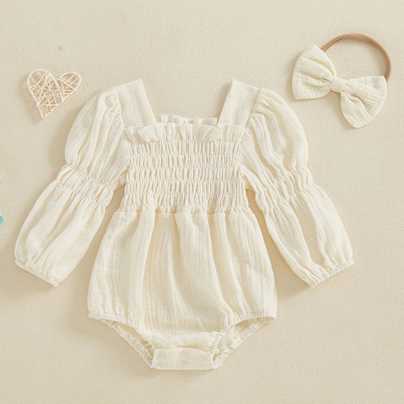 Baby Girls Spring Romper Long Sleeve Square Neck Solid Color Romper with Headband