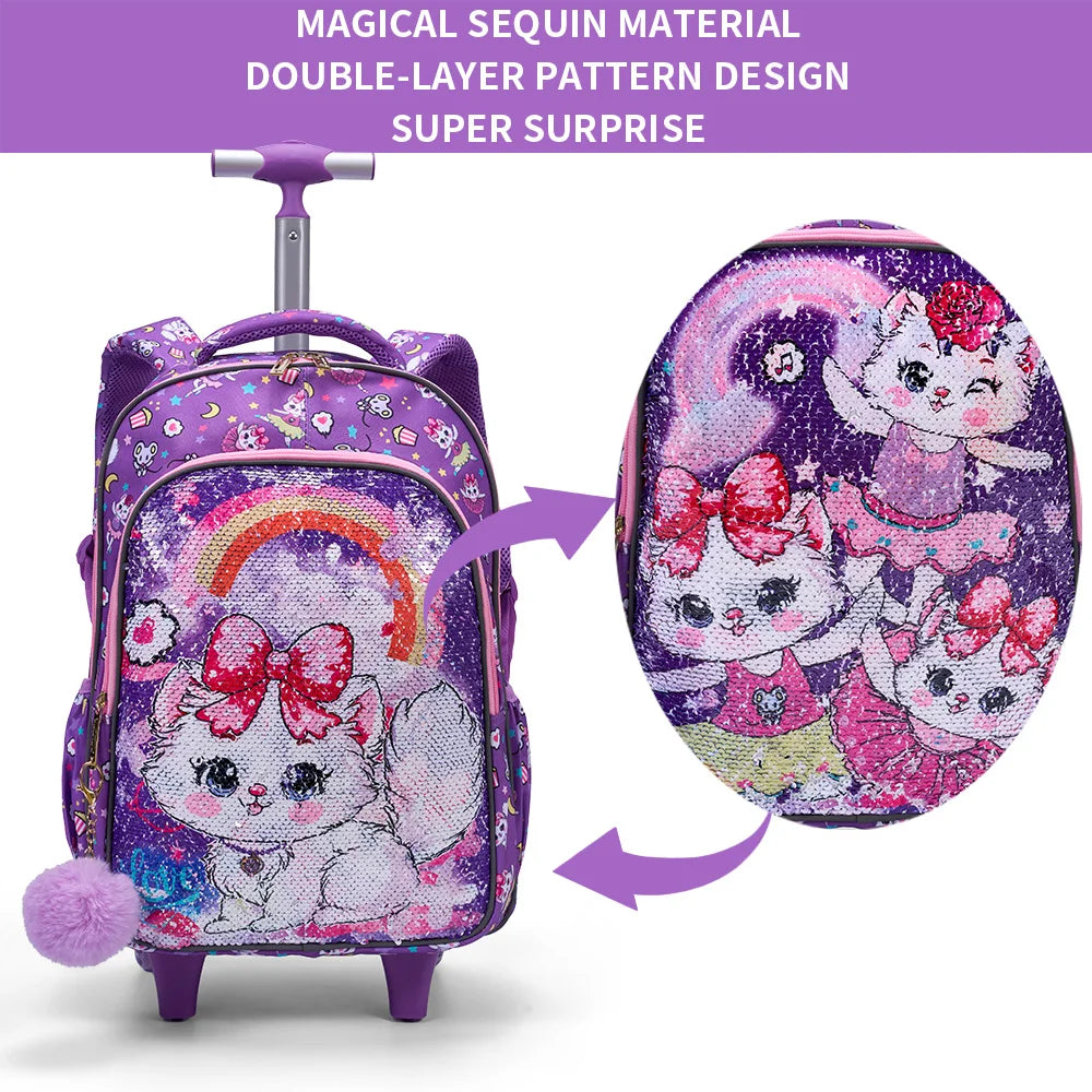 3 Piece Kids Travel Set, Pink Cat Sequin Rolling Bookbag with Wheels, Lunch Box and Pen Bag, Reflective Detail