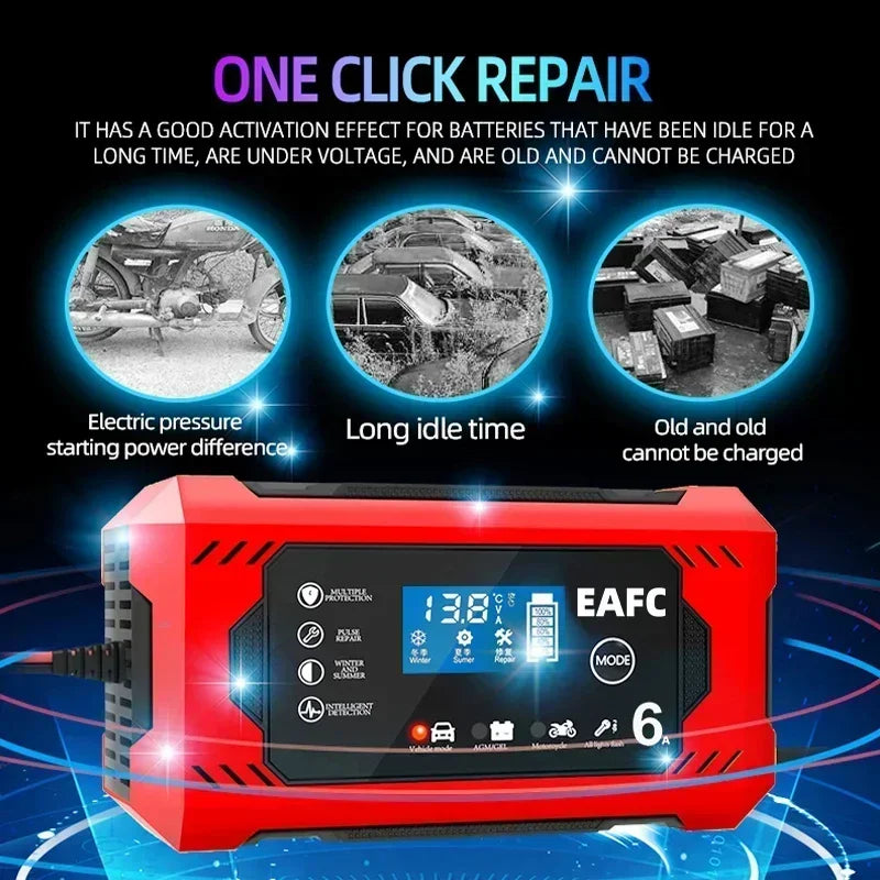 12V 6A Smart Car Battery Charger with LCD, Automatic Pulse Repair Charger for Car and Motorcycle