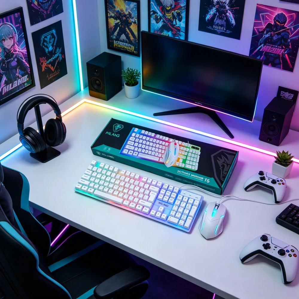 1pcsRGB Backlit Gaming Keyboard and Mouse Set, Wired 104-Key Mechanical-Feel Keyboard with LED Lighting, Ergonomic High-Precision Gaming Mouse