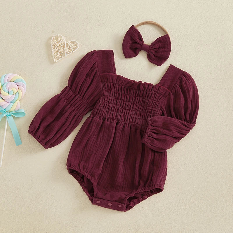 Baby Girls Spring Romper Long Sleeve Square Neck Solid Color Romper with Headband
