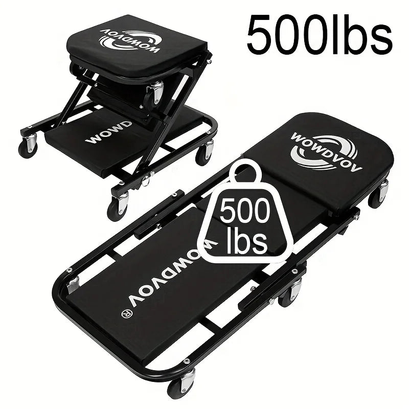 2-in-1 Mechanic Creeper Seat with Wheels – Heavy Duty Folding Rolling Stool for Garage – 330lbs Capacity Adjustable Repair Crawler with Thick Cushion & 360° Swivel Casters for Auto Shop